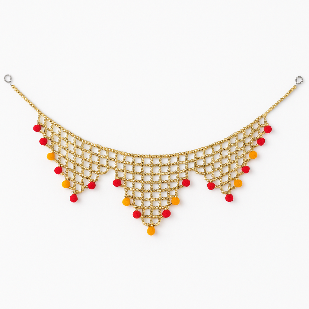 Golden Beaded Toran with Red & Orange Pom-Poms – Festive Door Hanging Decor