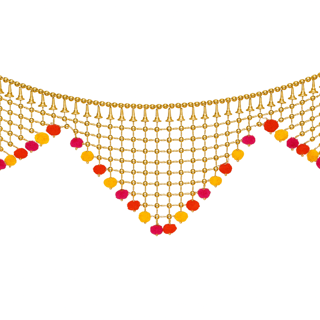 Golden Beaded Toran with Red & Orange Pom-Poms – Festive Door Hanging Decor