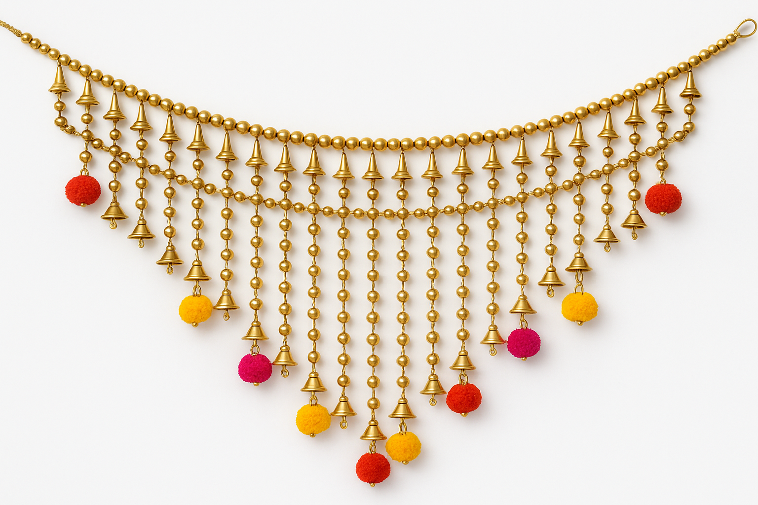Golden Beaded Toran with Red & Orange Pom-Poms – Festive Door Hanging Decor