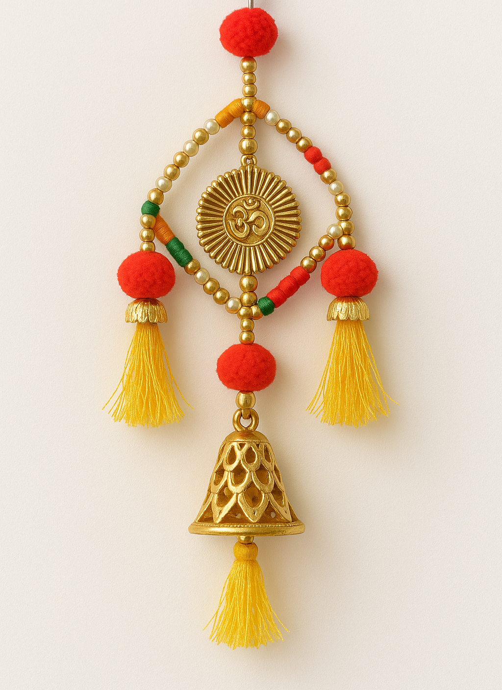 Handmade Multicolor Thread and Bead Toran | Traditional Wall & Door Hanging Decoration with Golden Tassels and Bell