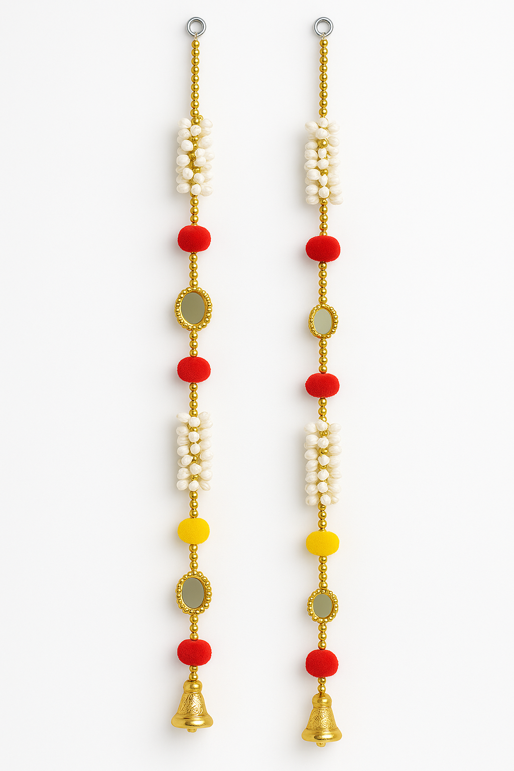 Handmade Red-Yellow Toran with Pearls and Golden Bells Set of 2