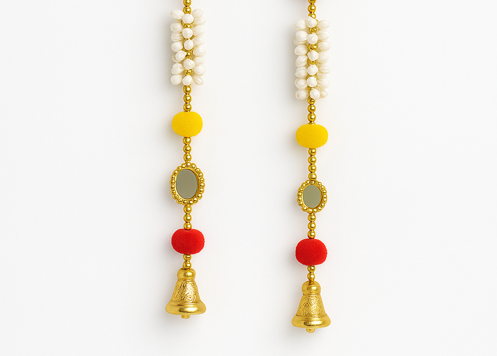 Handmade Red-Yellow Toran with Pearls and Golden Bells Set of 2
